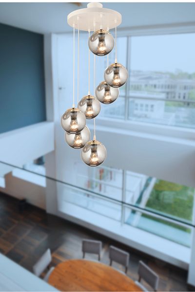 SONSUZ AYDINLATMA&AVİZE Endless Pendant Lamp Tray White 7-Piece Smoked Globe Glass Luxury Chandelier