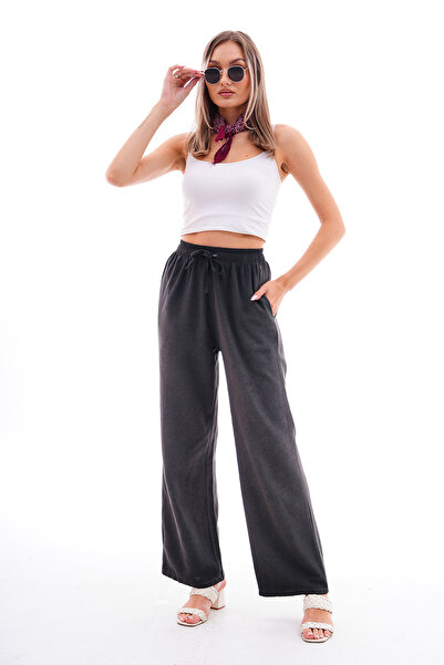 Lin Collection بنطلون كتان أنثراسايت - غسول بالزيت، خصر مطاطي عتيق وجيوب