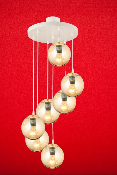 SONSUZ AYDINLATMA&AVİZE Endless Pendant Lamp Tray White 7-Piece Honey Globe Glass Luxury Chandelier