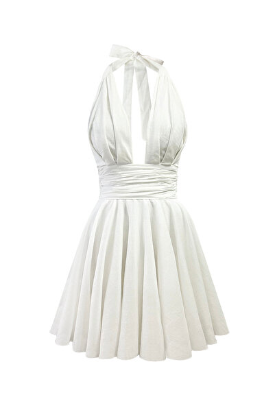 TARA COŞKUNTUNCEL Boyundan Bağlamalı Drape Detaylı Kloş Mini Elbise