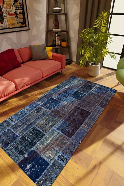 10 Post Online Modern Patchwork Mavi Dijital Baskı Halı Kaydırmaz Ince Yıkana...