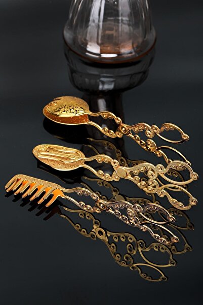 Genel Markalar 3 Parça Gold Servis Ve Sunum Seti Servis Kaşığı + Servis Maşas...