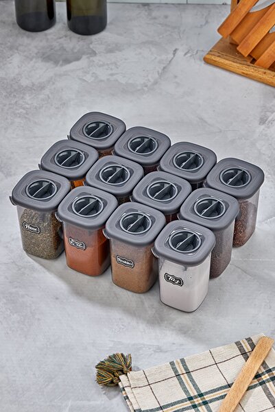 OES HOME 12'li 450ml Etiketli Ve Kilitlenebilir Kapaklı Kendinden Kaşıklı Baharatlık Seti - Etiket Hediye