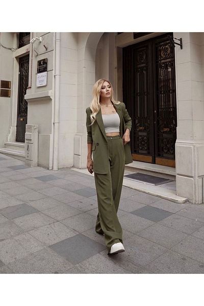 cn novembersun Women's Khaki Blazer Jacket Trousers Set
