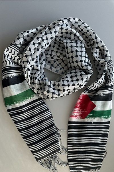 Onur Σάλι - Kefiye Shawl Palestine Flag Puşi Flamlı Εποχιακό Ύφασμα Σάλι με κορδόνια 75 X 180 cm (ΣΚΟΥΡΟ ΜΕ ΑΝΟΙΧΤΟ)