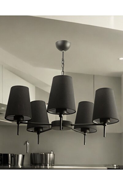 avizade 5li Siyah Modern Konik Abajur Şapkalı Metal Avize