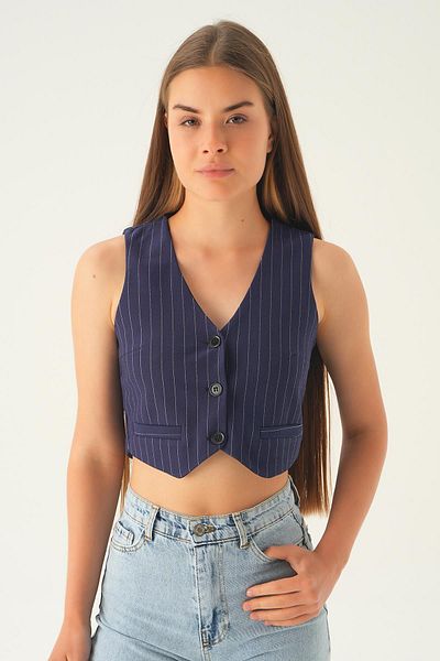 Rays 6879A MoDel StripeD Vest - NAvy Blue with Button DetAil