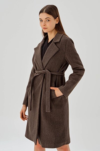 Rays Μοντέλο 7218A - Καφέ Παλτό Κασέ, Με Κορδόνι στη Μέση