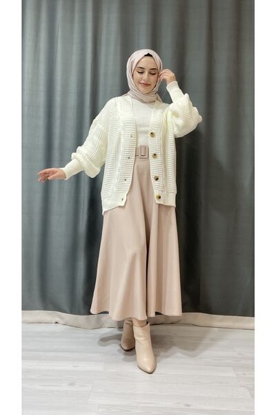 Papatya Giyim İzmit Γυναικεία χειμωνιάτικη πλεκτή κοντή πλεκτή ζακέτα - εκρού