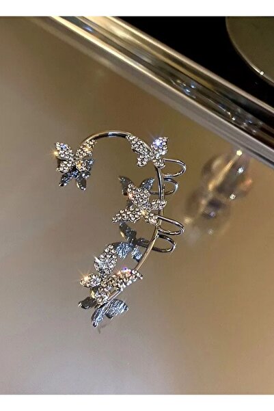 hbtasarim Kadın Gümüş Renk Tekli Zikron Taşlı Kelebek Earcuff Kıkırdak Küpe