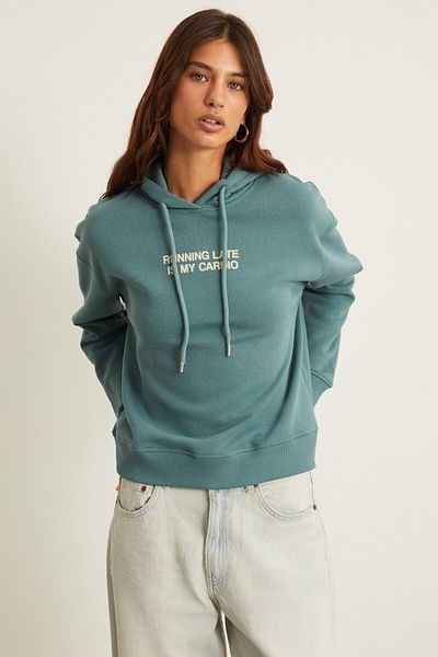 GRIMELANGE IANE Damen-Sweatshirt mit Kapuze, 3 Fäden, Raster, Textdruck, grün