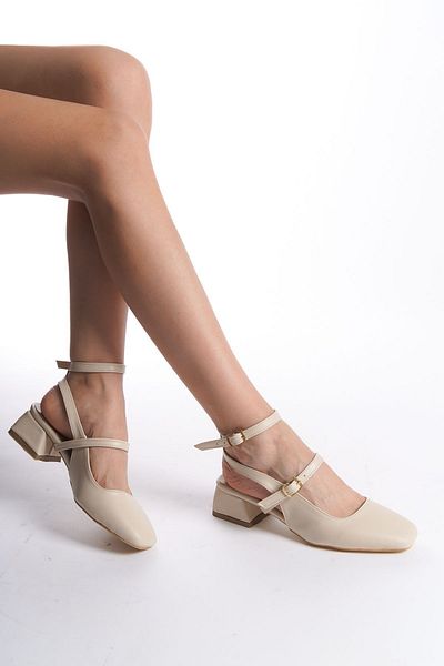 Saltopik Beige Skin Square Toe Open Back Short Heeled Shoes