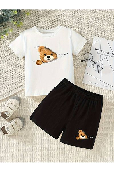 THEKONT Teddy Bear Zippered Printed Tshirt-Shorts Top and Bottom Set