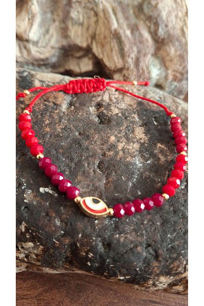 azra takı tasarım Red Crystal Women's Evil Eye Bracelet - Handmade