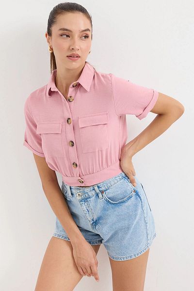 hazelin Dried Rose Women's Crop Shirt - Pocket and Button, Short Sleeve, Summer HZL22S-BD 106631