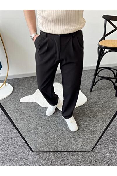 ketench Men's Pleated Baggy Elastic Waist Fabric Trousers-Black(E1010)