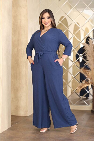 garajmood Blue Double Breasted Collar Wrap Fabric Long Sleeve Comfortable Plus Size Jumpsuit