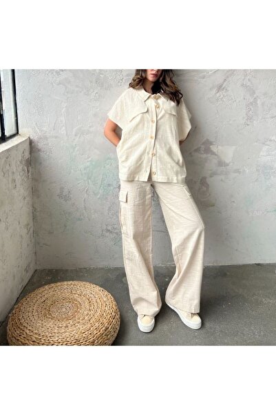 First Angels Taş Rengi Oversize Keten Yelek