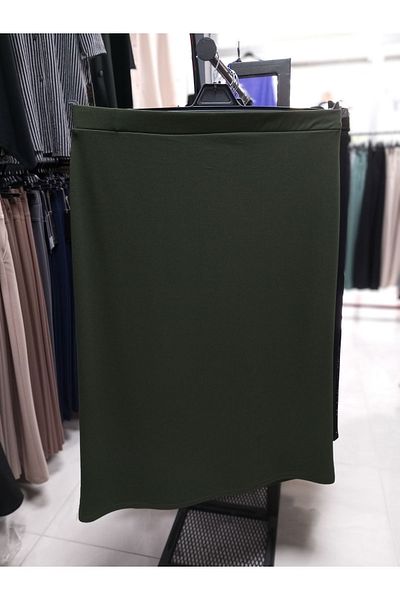 AKŞEN GİYİM Large Size Transverse Neck Lycra Elastic Waist Scuba Crepe Fabric Detailed Long Khaki Green Skirt