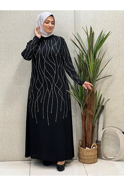 Butik büyük beden Luxury Stoned Crepe Evening Dress