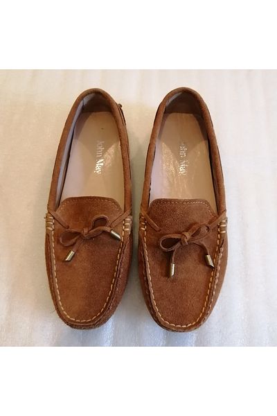 John May Tan Colored Women's Loafer - Genuine Leather, Suede Handmade, Thin Stiff Crampon, Non-Slip Sole