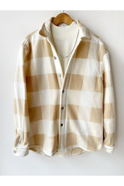 A&O Style Beige Checkered Oversize Winter Thick Fleece Shirt