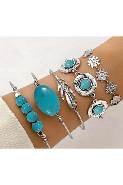 ÇEÇEN HOME Retro Turquoise Embroidered Set of 5 - Ethnic Flower Patterned Bracelet and Personality Cuff Bracelet