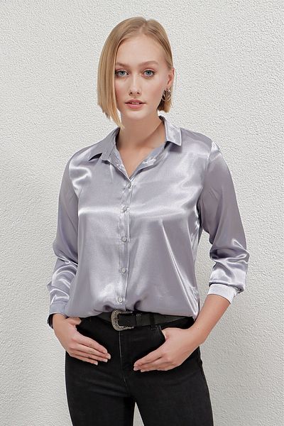 hazelin Női szürke, enyhén terített, szatén felületű ing Hzl22w-bd139641