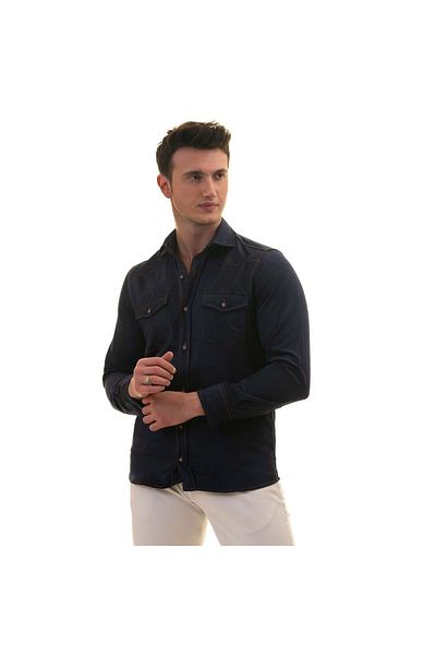 Exve Exclusive Μπλε Navy Suede Διπλή Τσέπη Βαμβακερό Βαμβακερό Βαμβακερό Πουκάμισο Slim Fit