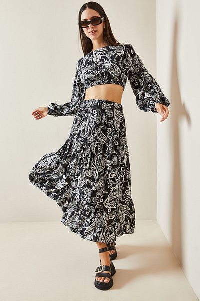 XHAN Black Patterned Loose Crop Double Suit 5Yxk8-48886-02