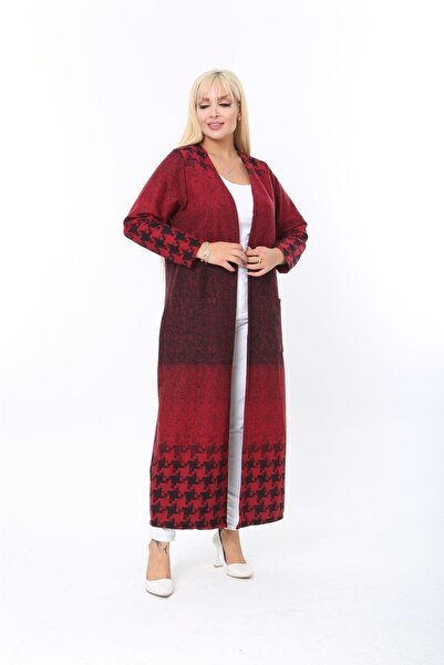 ElisaOtantik Women's Large Size Jacquard Houndstooth Pattern Long Claret Red Cardigan