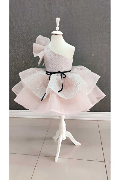 NGS STİL Benekli Tül Kaplama Tek Omuz Gül Kol Elbise