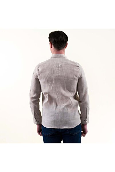 Exve Exclusive Gray Melange Natural Linen Slim Fit Double Pocket Flap Western Malboro Shirt