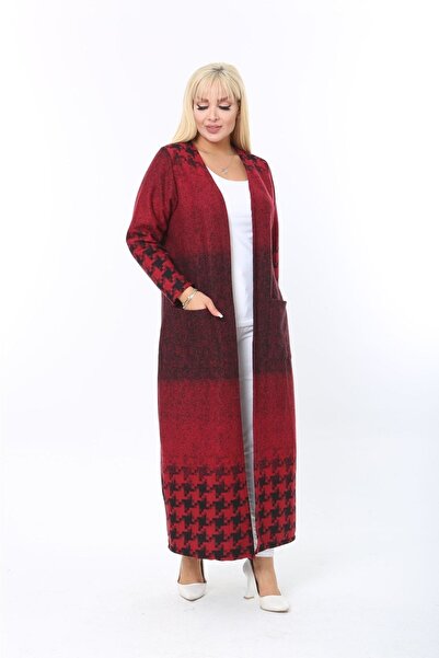 ElisaOtantik Women's Large Size Jacquard Houndstooth Pattern Long Claret Red Cardigan