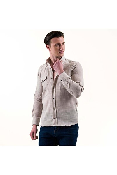 Exve Exclusive Gray Melange Natural Linen Slim Fit Double Pocket Flap Western Malboro Shirt