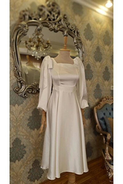 makbuleofficial Ekru Beyaz Saten Kumaştan, Fiyonklu Balon Kollu,midi Boy Söz Nişan Nikah Elbisesi