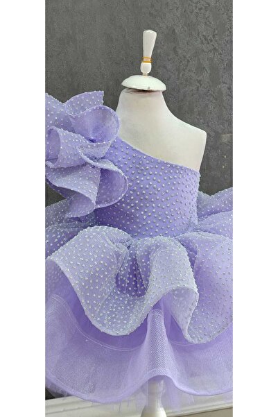 NGS STİL Benekli Tül Kaplama Tek Omuz Gül Kol Elbise