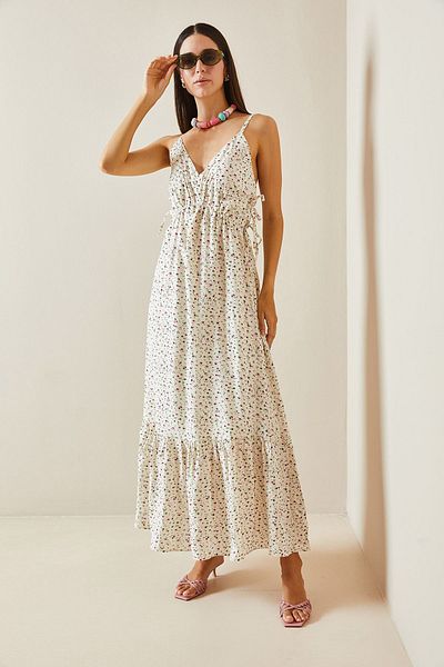 XHAN Ecru Thin Strap Patterned Maxi Dress 5Yxk6-48877-52