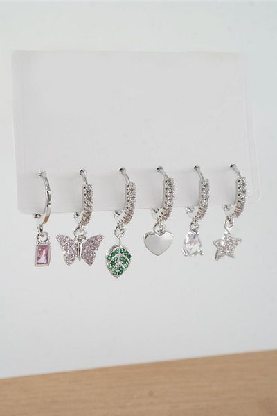 By Zeyna Aksesuar Vip Series Zircon Stone 6-Piece Figured Earrings - zrk00577