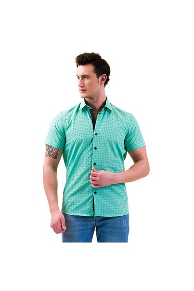 Exve Exclusive Navy Blue Pattern Printed on Turquoise Slim Fit Short Sleeve Cotton Shirt
