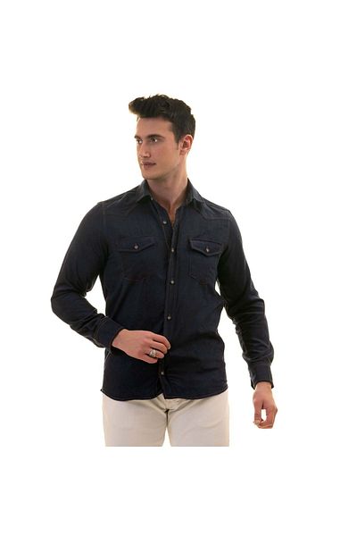 Exve Exclusive Μπλε Navy Suede Διπλή Τσέπη Βαμβακερό Βαμβακερό Βαμβακερό Πουκάμισο Slim Fit