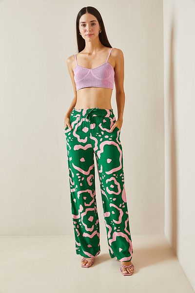 XHAN Green Patterned - Wide Leg Trousers with Elastic Waist and Pockets 5Yxk5-48867-08
