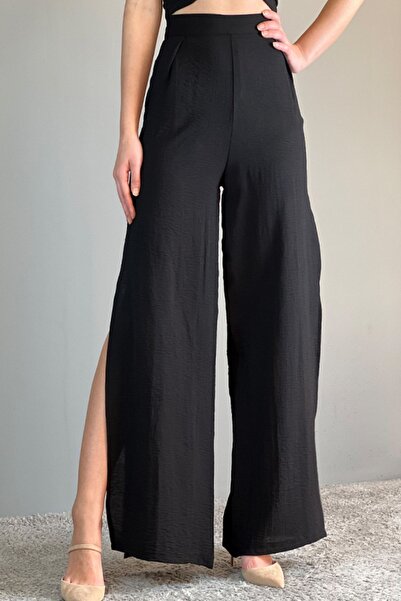 Jaglion Ψηλόμεσο λινό μαύρο παντελόνι - Πλαϊνό σκίσιμο, Νέα σεζόν