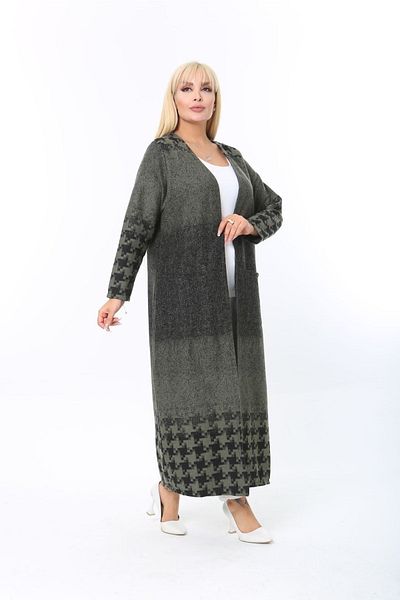 ElisaOtantik Women's Large Size Jacquard Houndstooth Pattern Long Khaki Cardigan