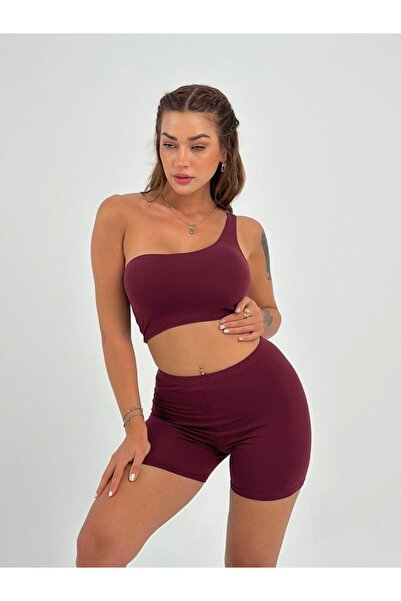 Maison La Femme Women's Burgundy One Shoulder Detailed Shorts Crop Set