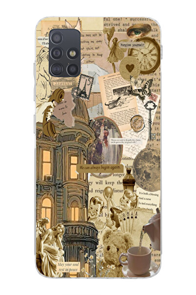 moonset Samsung Galaxy A71 Uyumlu Vintage Kolaj Tasarımlı Baskılı Şeffaf Tele...