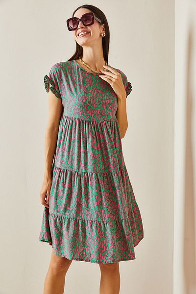 XHAN Green Patterned Crew Neck Robe Mini Dress 5Yxk6-48873-08
