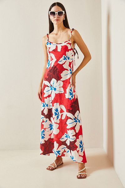 XHAN Red Beaded Strappy Patterned Maxi Dress 5Yxk6-48879-04