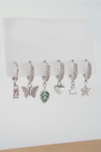 By Zeyna Aksesuar Vip Series Zircon Stone 6-Piece Figured Earrings - zrk00577