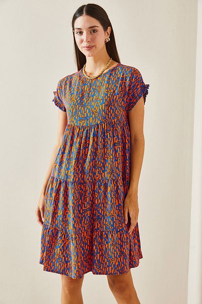 XHAN Blue Patterned Crew Neck Robe Mini Dress 5Yxk6-48873-12
